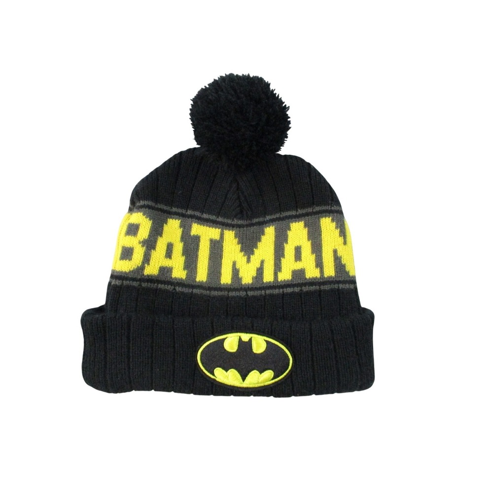 DC Comic Batman Beanie Hat Black Yellow Pom Pom Knit Winter Cap Embroidered Logo